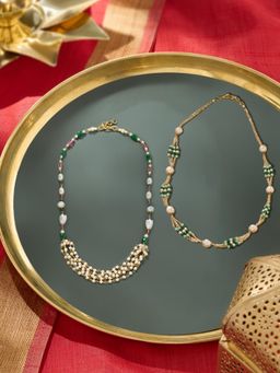 Zaveri Pearls - Pink and Green Multi Layer Beaded Festive Necklaces (Pack of 2)