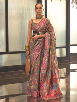 Akhilam - Women's Silk Blend Charcoal Grey Woven Designer Saree with Unstitched Blouse