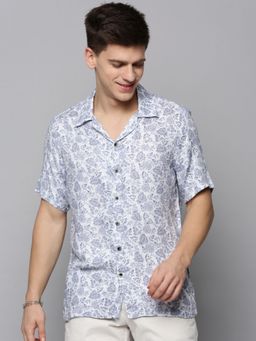 SHOWOFF - Mens Cuban Collar White Printed Shirt