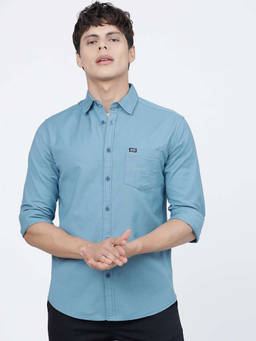 The Indian Garage Co - Teal Cotton Collar Neck Slim Fit Solid/Plain Full Sleeves Shirt
