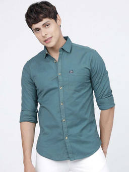 The Indian Garage Co - Green Cotton Collar Neck Slim Fit Solid/Plain Full Sleeves Shirt