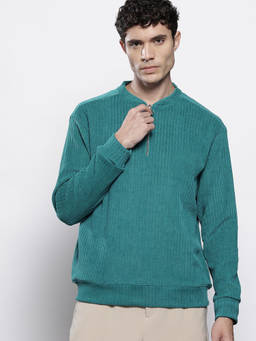 The Indian Garage Co - Green Polyester Blend Henley Neck Textured Sweatshirt