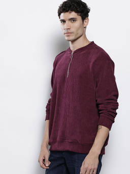 The Indian Garage Co - Maroon Polyester Blend Henley Neck Textured Sweatshirt
