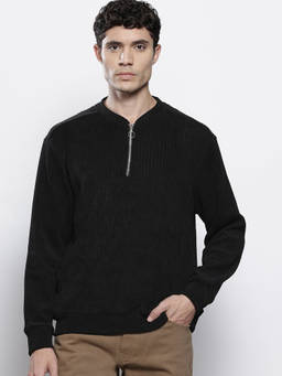 The Indian Garage Co - Black Polyester Blend Henley Neck Textured Sweatshirt