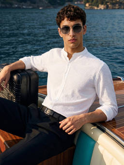 The Indian Garage Co - White Polyester Blend Mandarin Neck Slim Fit Textured Full Sleeves Shirt