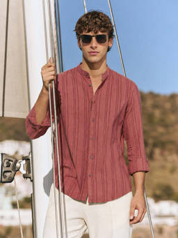 The Indian Garage Co - Maroon Polyester Mandarin Neck Relaxed Fit Stripes Full Sleeves Shirt