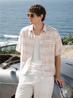 The Indian Garage Co - Peach Polyester Blend Collar Neck Boxy Fit Stripes Half Sleeves Shirt
