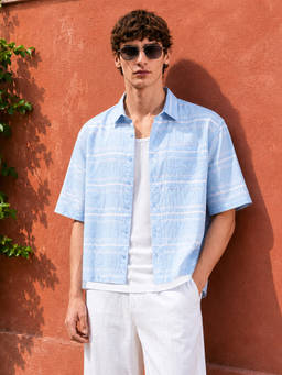 The Indian Garage Co - Blue Polyester Blend Collar Neck Boxy Fit Stripes Half Sleeves Shirt
