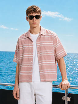 The Indian Garage Co - Coral Polyester Blend Collar Neck Boxy Fit Stripes Half Sleeves Shirt