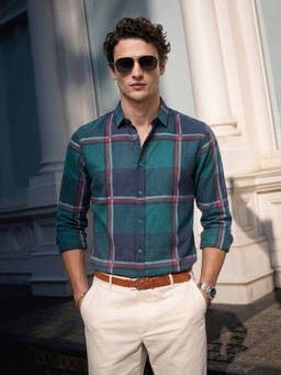 The Indian Garage Co - Green Linen Blend Collar Neck Slim Fit Checks Full Sleeves Shirt