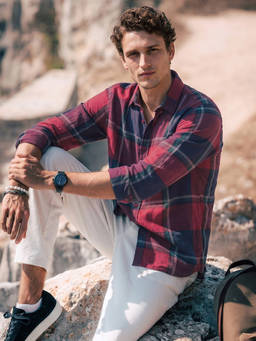 The Indian Garage Co - Maroon Linen Blend Collar Neck Slim Fit Checks Full Sleeves Shirt
