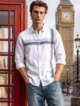 The Indian Garage Co - White Linen Blend Collar Neck Slim Fit Checks Full Sleeves Shirt