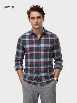 The Indian Garage Co - Teal Cotton Collar Neck Regular Fit Checks Full Sleeves Shirt