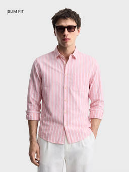 The Indian Garage Co - Pink Cotton Collar Neck Slim Fit Stripes Full Sleeves Shirt