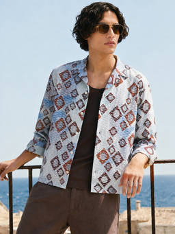 The Indian Garage Co - Blue Polyester Blend Collar Neck Relaxed Fit Self Design Full Sleeves Shirt