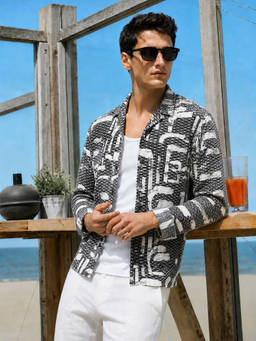 The Indian Garage Co - Black Polyester Blend Collar Neck Self Design Shirt