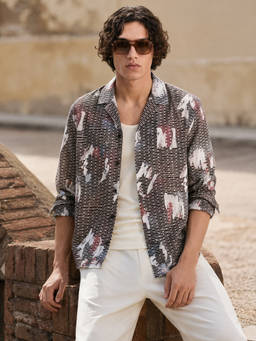 The Indian Garage Co - Grey Polyester Blend Collar Neck Relaxed Fit Self Design Full Sleeves Shirt
