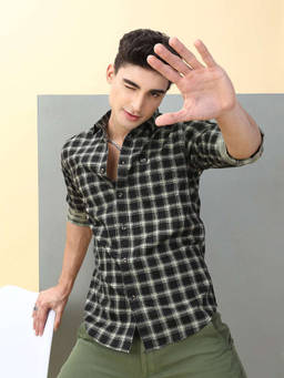 The Indian Garage Co - Black Cotton Collar Neck Slim Fit Checks Full Sleeves Shirt