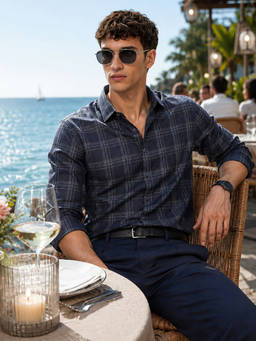 The Indian Garage Co - Navy Blue Cotton Collar Neck Slim Fit Checks Full Sleeves Shirt