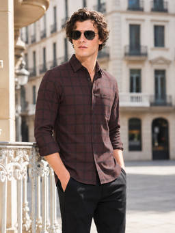 The Indian Garage Co - Maroon Cotton Blend Collar Neck Slim Fit Checks Full Sleeves Shirt