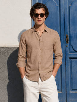 The Indian Garage Co - Khaki Cotton Collar Neck Slim Fit Solid/Plain Full Sleeves Shirt