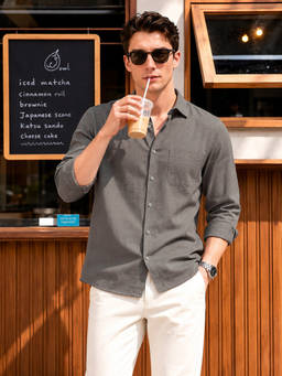 The Indian Garage Co - Grey Cotton Collar Neck Slim Fit Solid/Plain Full Sleeves Shirt