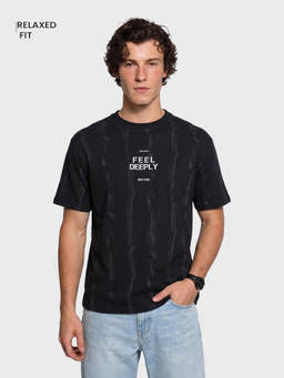 The Indian Garage Co - Black Cotton Blend Crew Neck Relaxed Fit Printed Half Sleeves T-Shirt
