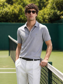 The Indian Garage Co - Grey Cotton Blend Collar Neck Solid/Plain Polo T-Shirt