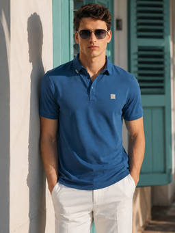 The Indian Garage Co - Teal Cotton Blend Collar Neck Solid/Plain Polo T-Shirt