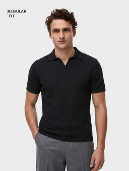 The Indian Garage Co - Black Cotton Blend Collar Neck Textured Polo T-Shirt
