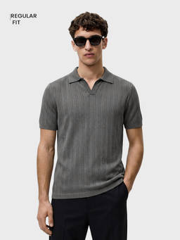 The Indian Garage Co - Grey Cotton Blend Collar Neck Textured Polo T-Shirt