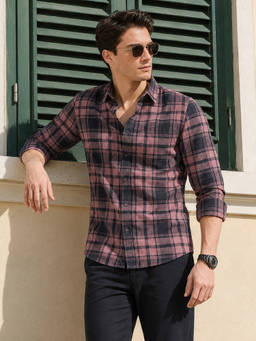 The Indian Garage Co - Pink Cotton Collar Neck Slim Fit Checks Full Sleeves Shirt
