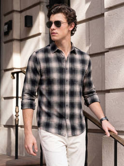 The Indian Garage Co - Beige Cotton Collar Neck Slim Fit Checks Full Sleeves Shirt