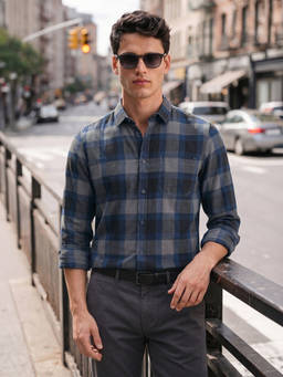 The Indian Garage Co - Grey Cotton Collar Neck Slim Fit Checks Full Sleeves Shirt