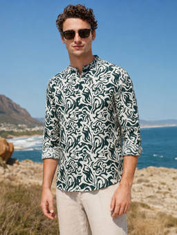 The Indian Garage Co - Green Viscose Mandarin Neck Regular Fit Printed Full Sleeves Shirt