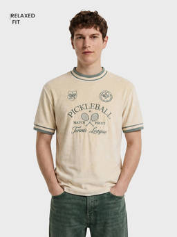 The Indian Garage Co - Beige Cotton Blend Crew Neck Boxy Fit Embroidered Half Sleeves T-Shirt