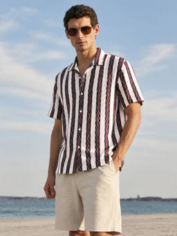 The Indian Garage Co - White Polyester Collar Neck Relaxed Fit Stripes Half Sleeves Shirt