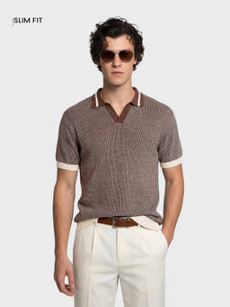 The Indian Garage Co - Brown Cotton Blend Collar Neck Slim Fit Textured Half Sleeves Polo T-Shirt