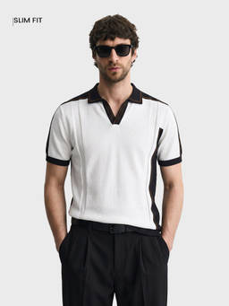 The Indian Garage Co - White Cotton Blend Collar Neck Slim Fit Colorblock Polo T-Shirt