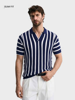 The Indian Garage Co - Blue Cotton Blend Collar Neck Slim Fit Stripes Half Sleeves Polo T-Shirt