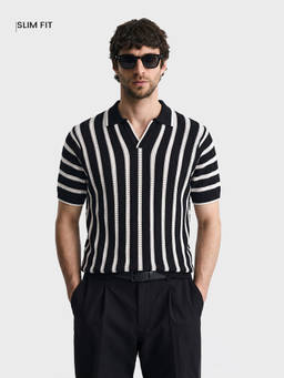 The Indian Garage Co - Black Cotton Blend Collar Neck Slim Fit Stripes Half Sleeves Polo T-Shirt