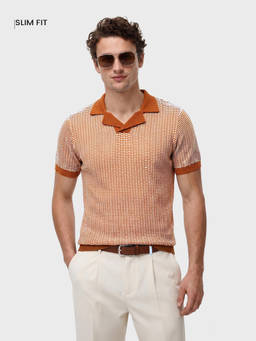 The Indian Garage Co - Orange Cotton Blend Collar Neck Slim Fit Textured Half Sleeves Polo T-Shirt