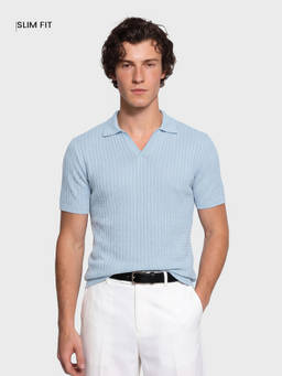 The Indian Garage Co - Blue Cotton Blend Collar Neck Slim Fit Textured Half Sleeves Polo T-Shirt