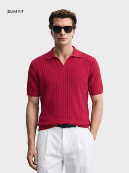 The Indian Garage Co - Red Cotton Blend Collar Neck Slim Fit Textured Half Sleeves Polo T-Shirt