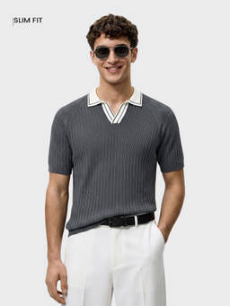 The Indian Garage Co - Grey Cotton Blend Collar Neck Slim Fit Textured Half Sleeves Polo T-Shirt