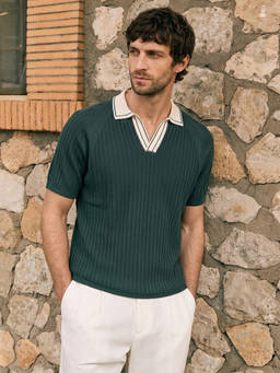 The Indian Garage Co - Green Cotton Blend Collar Neck Slim Fit Textured Half Sleeves Polo T-Shirt