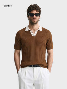 The Indian Garage Co - Brown Cotton Blend Collar Neck Slim Fit Textured Half Sleeves Polo T-Shirt