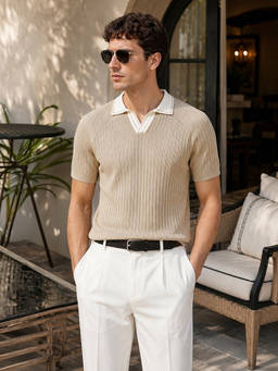 The Indian Garage Co - Beige Cotton Blend Collar Neck Slim Fit Textured Half Sleeves Polo T-Shirt