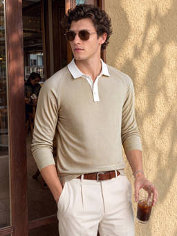 The Indian Garage Co - Beige Cotton Blend Collar Neck Slim Fit Solid/Plain Polo T-Shirt