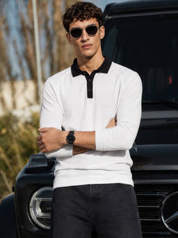 The Indian Garage Co - White Cotton Blend Collar Neck Slim Fit Solid/Plain Polo T-Shirt